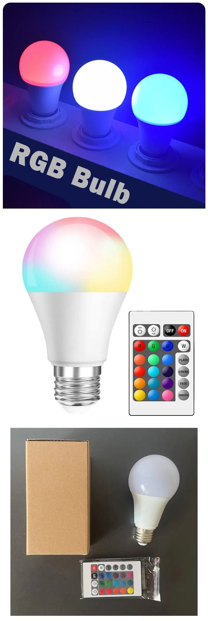 RGB LED Smart Bulb E27 220V – 16 Colors with Remote Control, Dimmable Multicolor Light