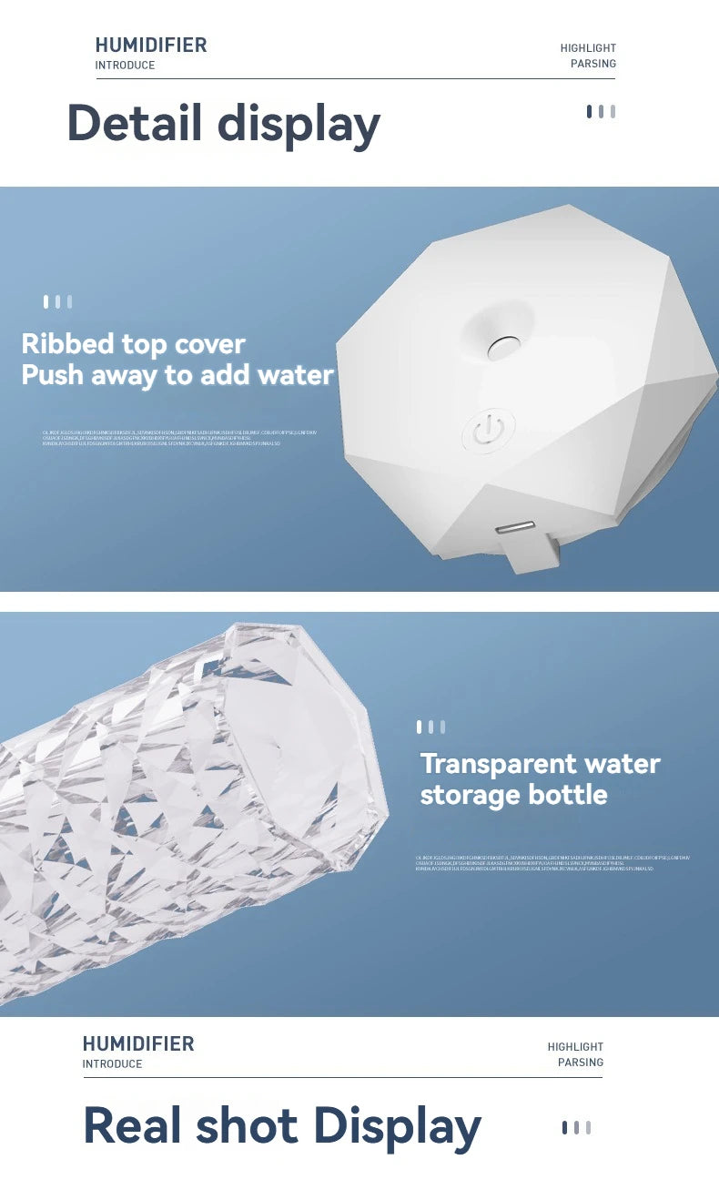 USB Crystal Humidifier 500ml/1000ml | LED Portable Air Humidifier for Room & Office