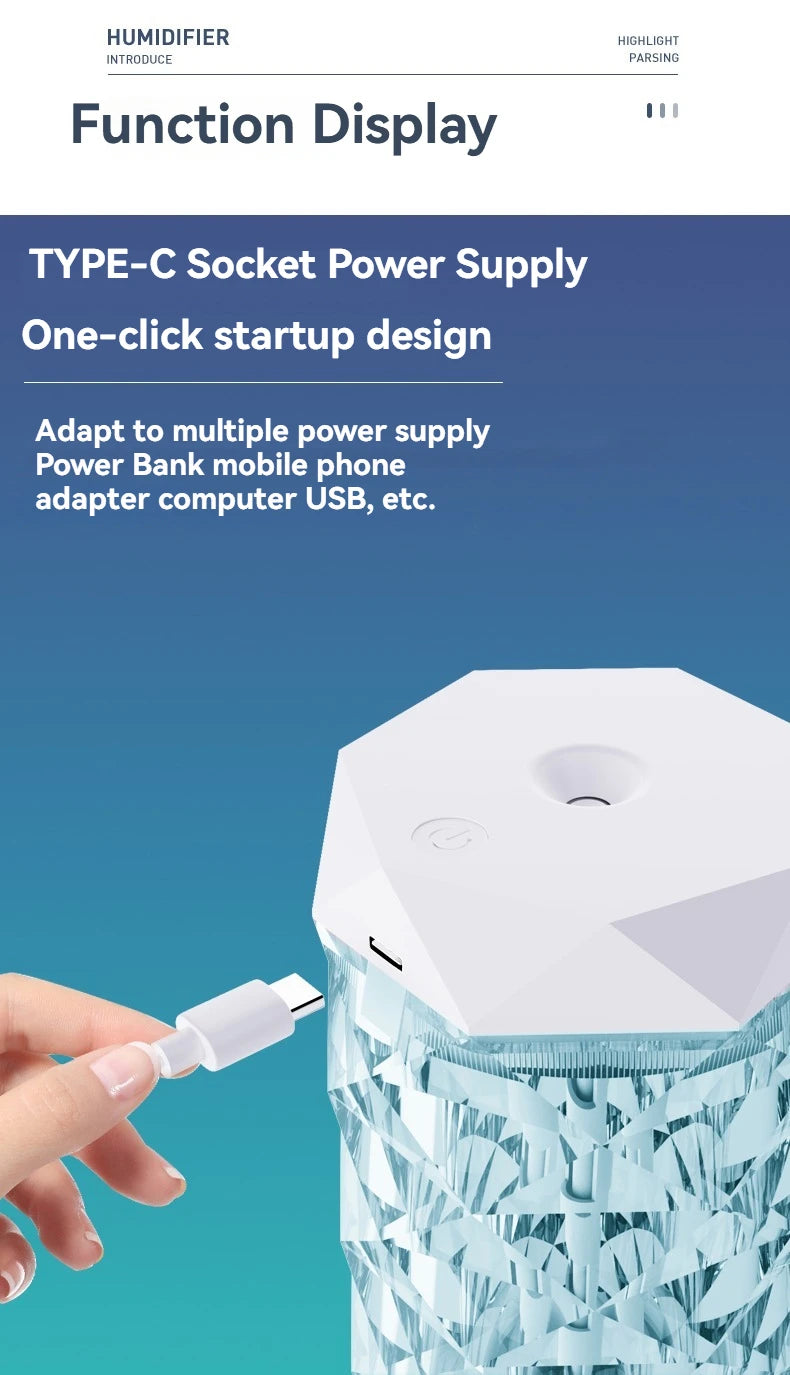 USB Crystal Humidifier 500ml/1000ml | LED Portable Air Humidifier for Room & Office