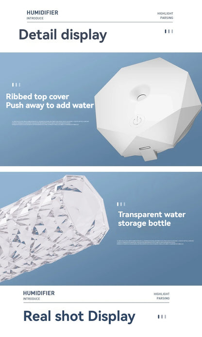 USB Crystal Humidifier 500ml/1000ml | LED Portable Air Humidifier for Room & Office