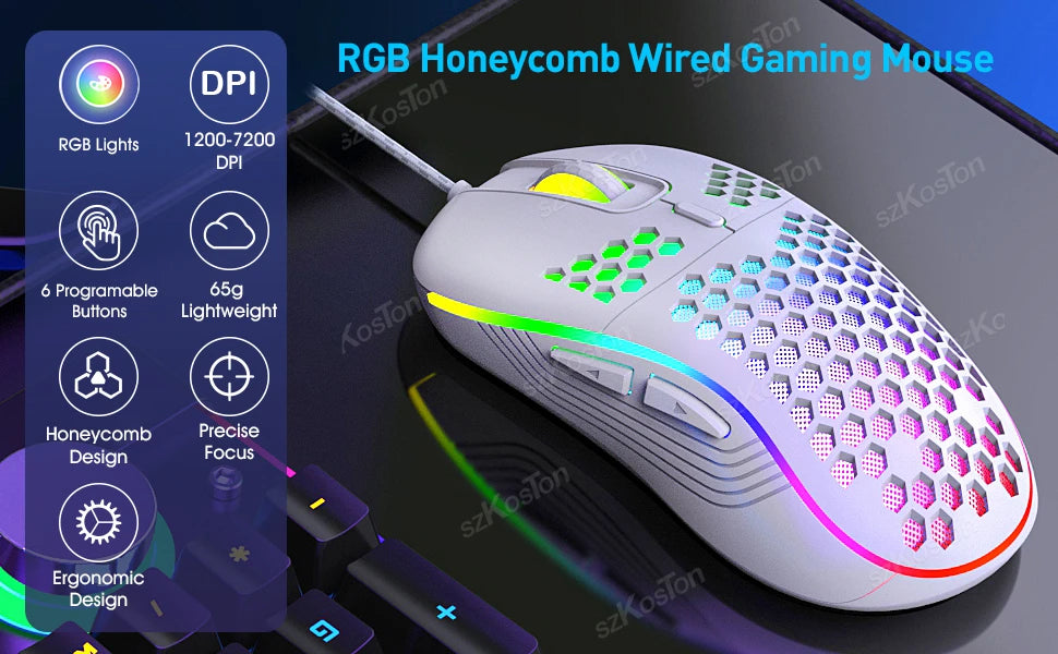 Wired Gaming Mouse with RGB Backlight | 7200 DPI Adjustable USB Ergonomic Mouse for PC & Laptop Gamers