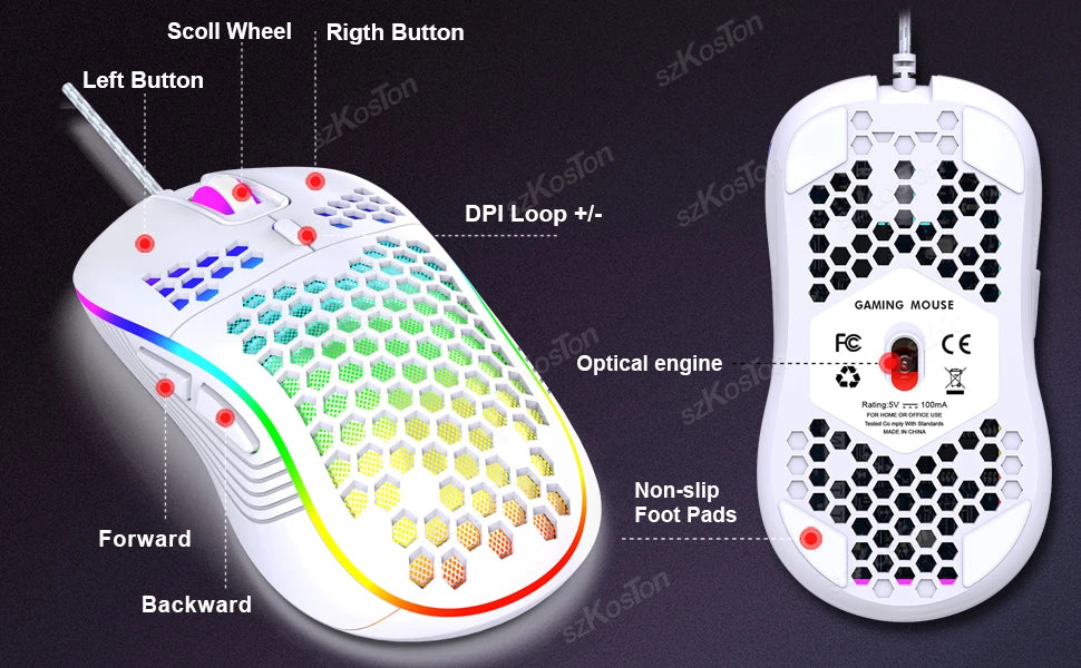 Wired Gaming Mouse with RGB Backlight | 7200 DPI Adjustable USB Ergonomic Mouse for PC & Laptop Gamers